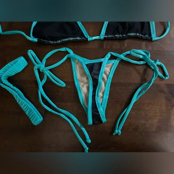 NWT Sexy Handmade Triangle Top & Tie Side Thong Shiny Black & Turquoise Bikini Bikinis